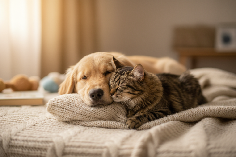 A close-up of a dog and cat lying peacefully together on a cozy blanket, both looking calm and content — warm lighting, soft neutral background
