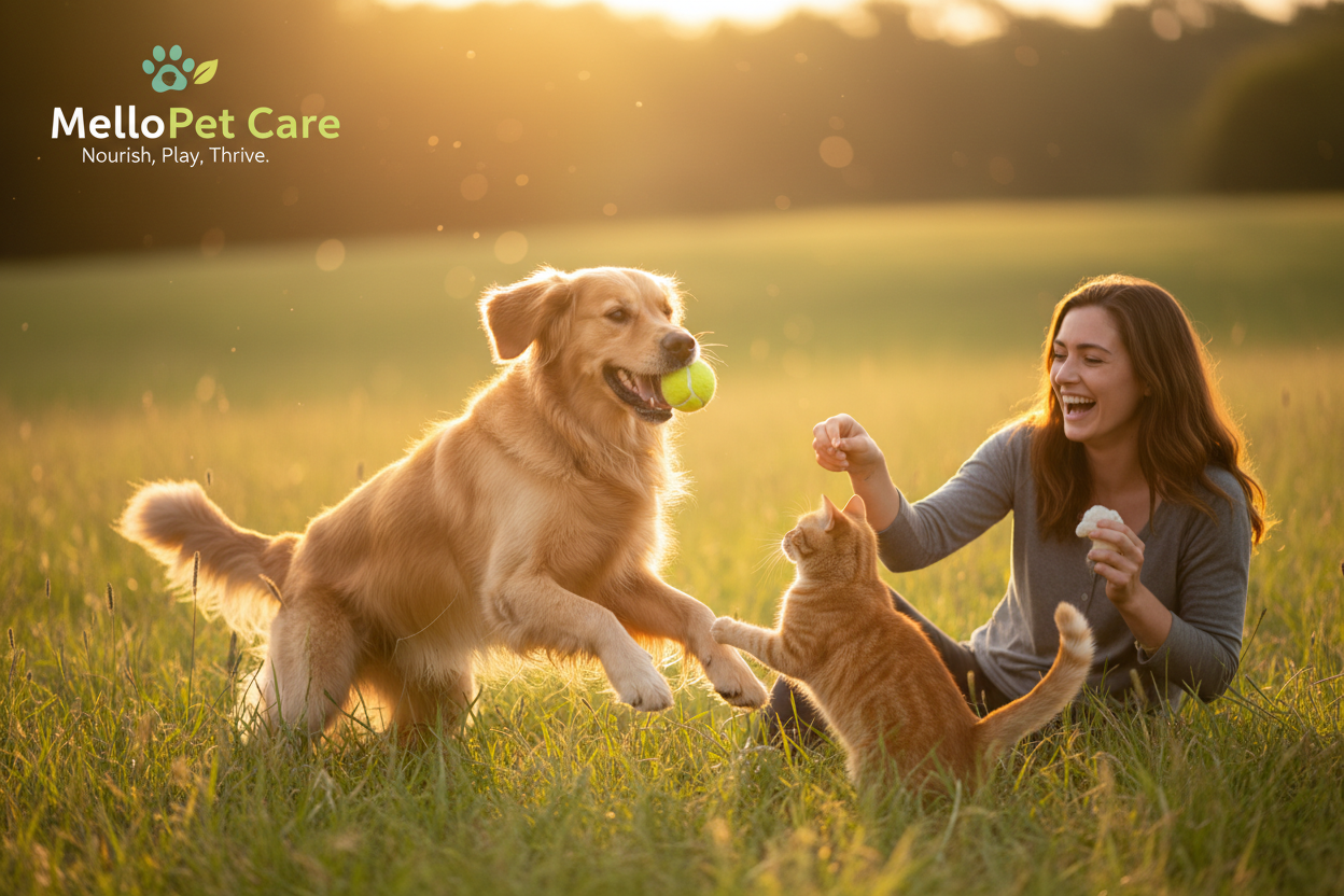 Create a warm, emotional hero banner for a pet wellness brand called MelloPet Care. Show a happy dog (or dog and cat) playing joyfully with their owner outdoors — fetching a tennis ball, running through grass, or cuddling in the sunlight. Make the moment feel natural, loving, and real, like a candid lifestyle photo. Use bright, soft lighting, gentle depth of field, and a clean, slightly blurred background to draw attention to the happy pet and owner interaction. Keep the pets photorealistic, energetic, and 